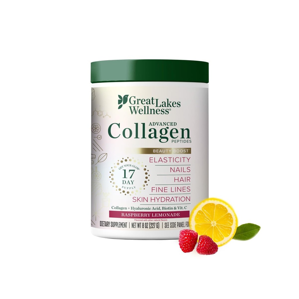 Velká jezera Wellness Beauty Boost Advanced Collagen Peptides Powder with Hyaluronic acid, Biotin, Vitamin C - Skin Elasticity and Hydration - Raspberry Lemonade Flavor - Non- GMO, Keto, Kosher - 8 oz