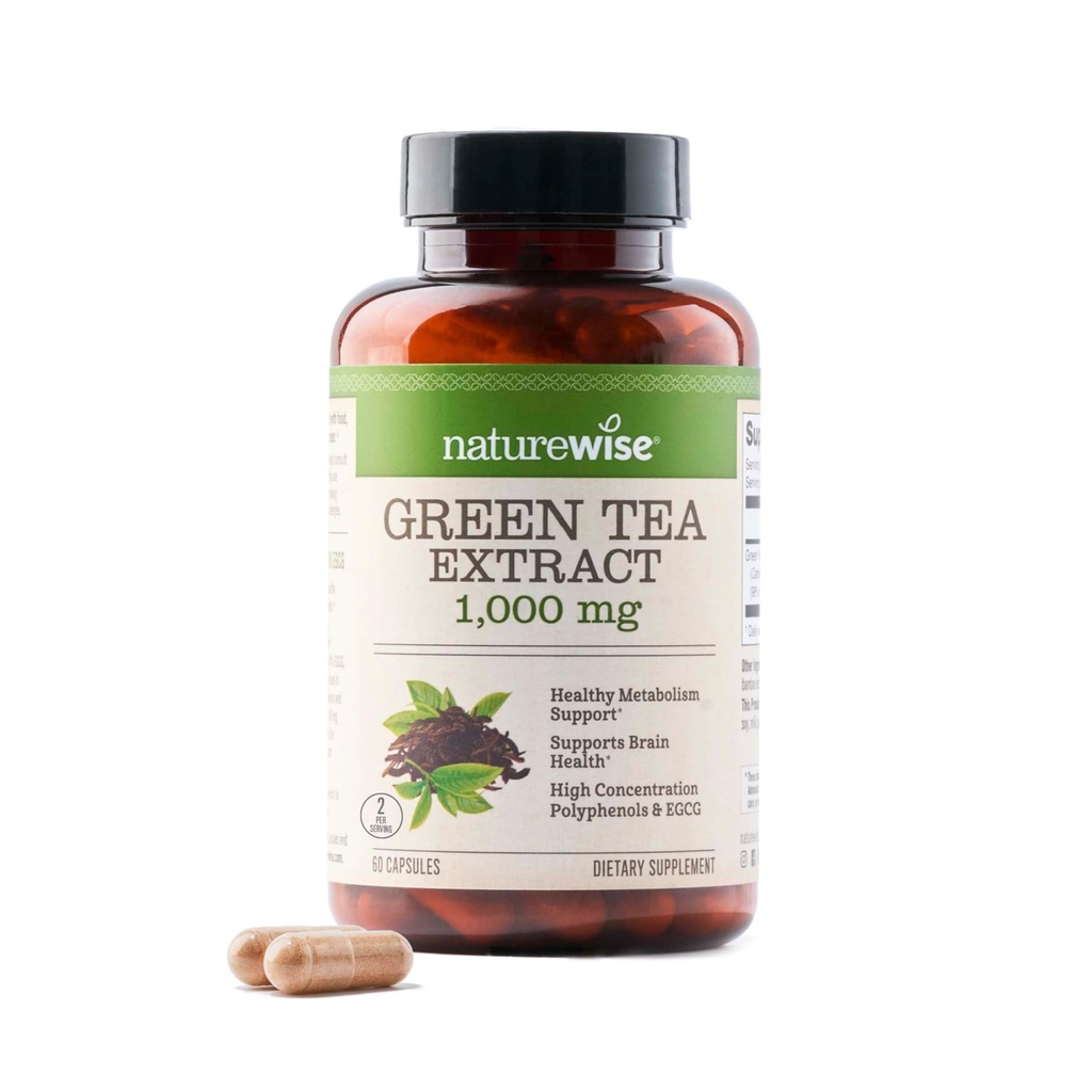 NatureWise Green Tea Extract Kapsle 1000 mg - 50% EGCG & 98% Polyfenoly - Extra Strength Green Tea Pills - Antioxidants for Heart Health & Energy - Vegan, Non- GMO - 60 Počet [30- Day Supply]
