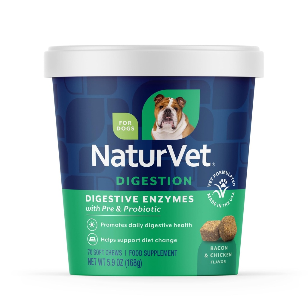NaturVet - Digestivní enzymy - Plus probiotika a prebiotika - Pomáhá podporovat dietní změny a zdravý stravitelný trakt - pro psy (měkké žvýkání, 70 Počet)