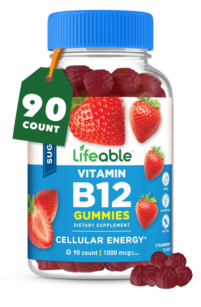 Živý cukr zdarma vitamin B12 Gummies 124; 1000 mcg Gummies 124; Velký Ochutnávání B12 Vitamíny Gummies 124; Energie, nálada, a metabolismus Podpora Gummies pro muže, ženy, dospělé 124; 90 Gummies