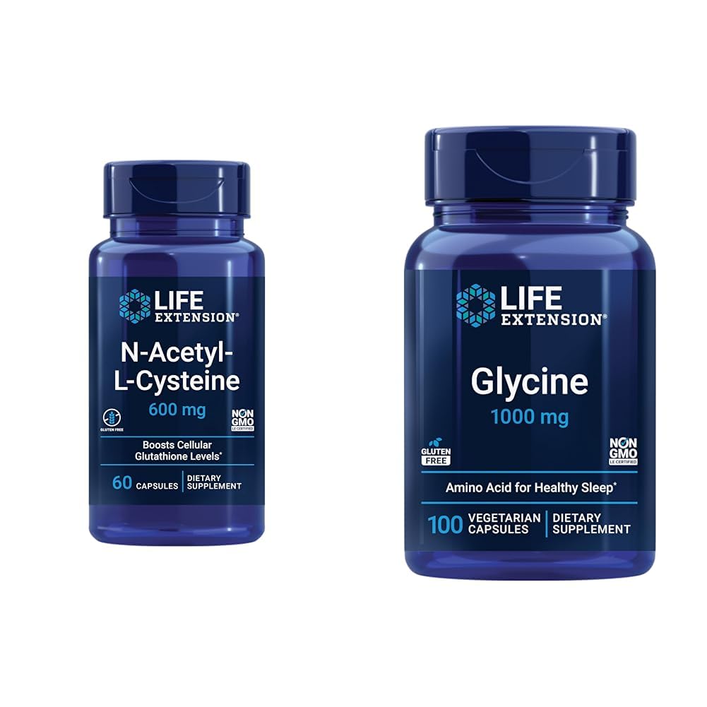 Life Extension N- Acetyl- L- Cystein (NAC) & Glycin 1000 mg, Promotes Relaxation, Health Sleep, Amino Acid, Gluten- Free, Non- GMO, Vegetarian, 100 Kapsle