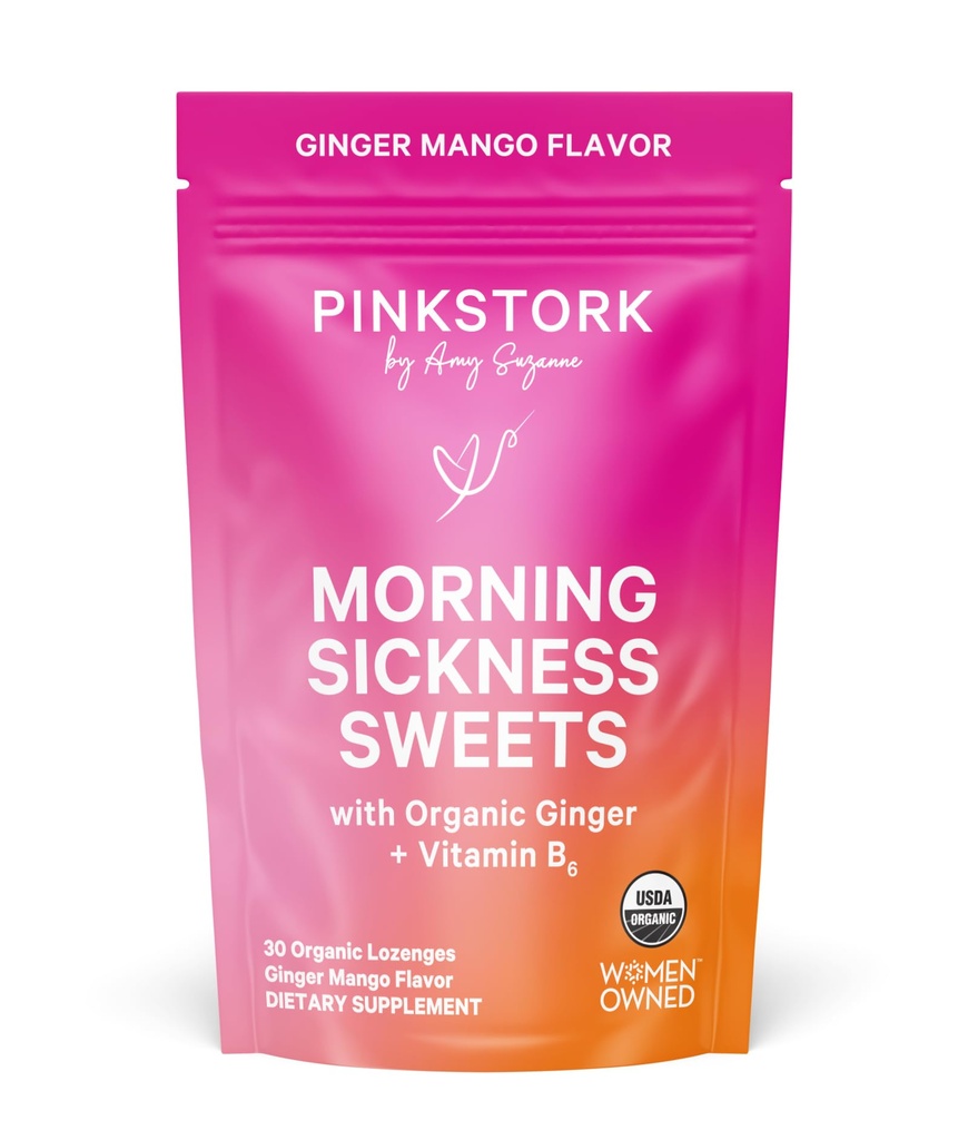 Pink Stork Morning Sweets, Organic Mango Ginger Candy s vitamínem B6 pro ranní nemoci, Motion Nemoci, Prenatal Heartburn - Těhotenství musí mít - 30 obalené kapky