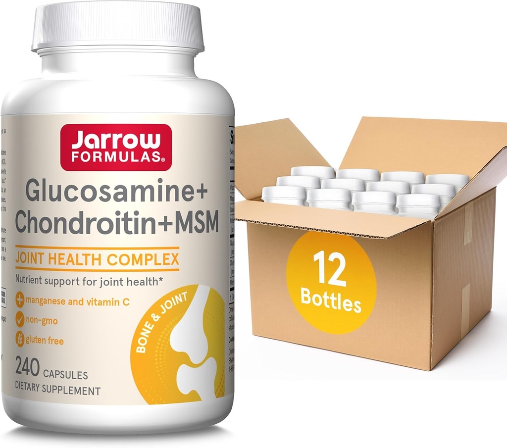 Jarrow Diplomas Glucosamine + Chondroitin + MSM Kapsle, Příplatek k společné podpoře s vitamínem C a mangananem, 240 Kapsle, 60 Day Supply, Balení 12