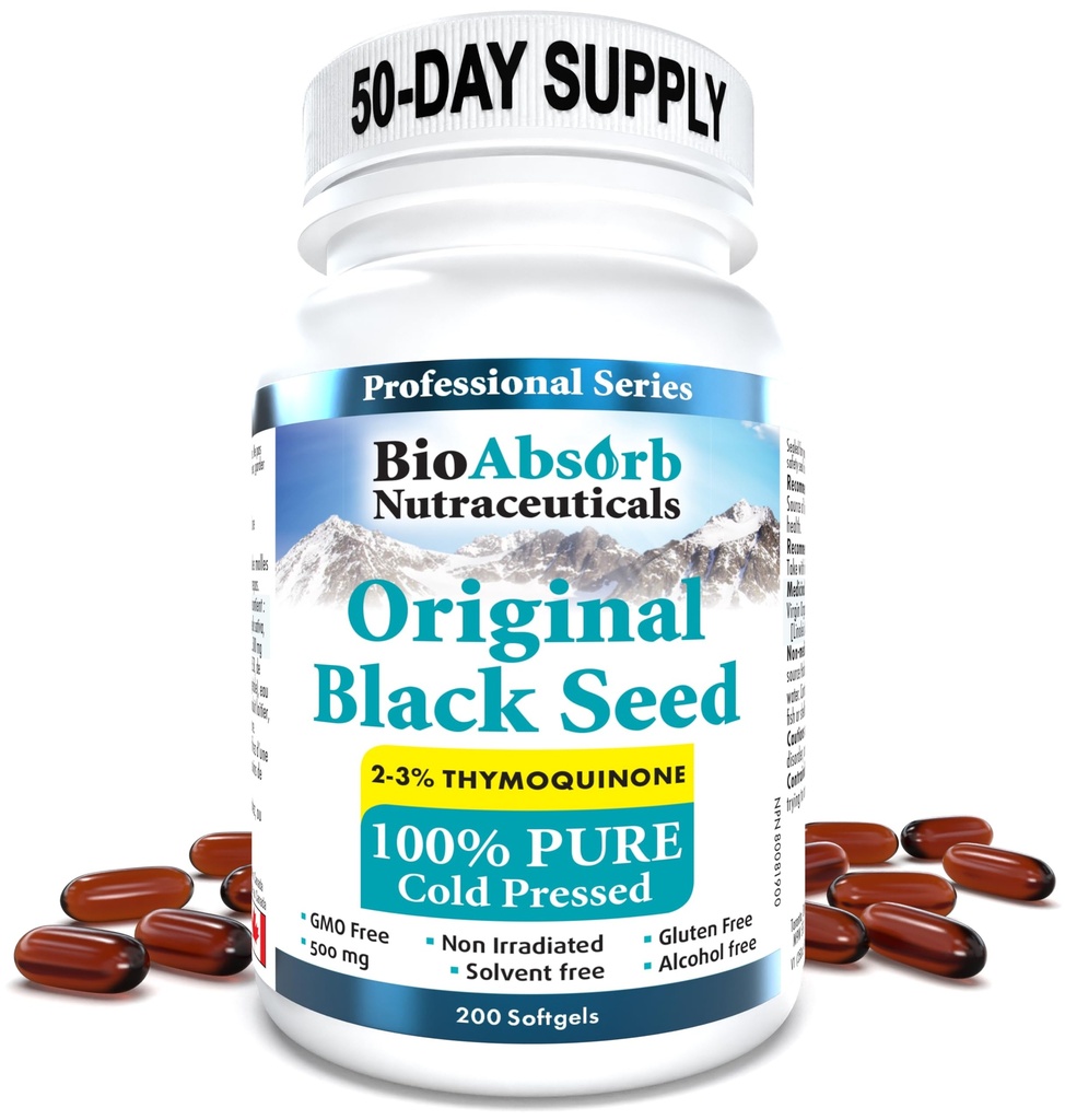 Bio Absorb Black Seed Oil Studené lisované kapsle. 200 softgels, 500mg (50- Day Supply). Žádná dochuť.