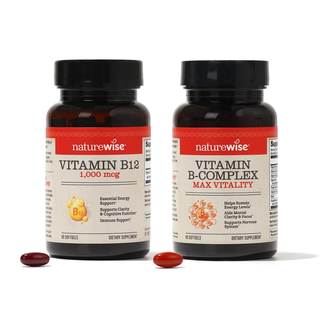 NatureWise Vitamin B12 1000 mcg a komplex vitaminu B pro celulární energii, duševní jasnost, maximální vitalita - 60 Softgels každý