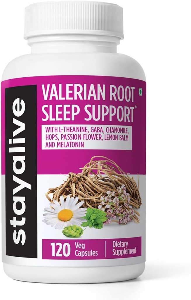 Stay ALIVE Valerian Root Capsules, 8- in-1 Extract w / Melatonin, Vášeň květina, L- Theanine, Lemon Balm, Chmel květina, Heřmánek & GABA, 120 Valerian pilulky, Non- GMO & gluten- Free Natural Sleep Dodatek