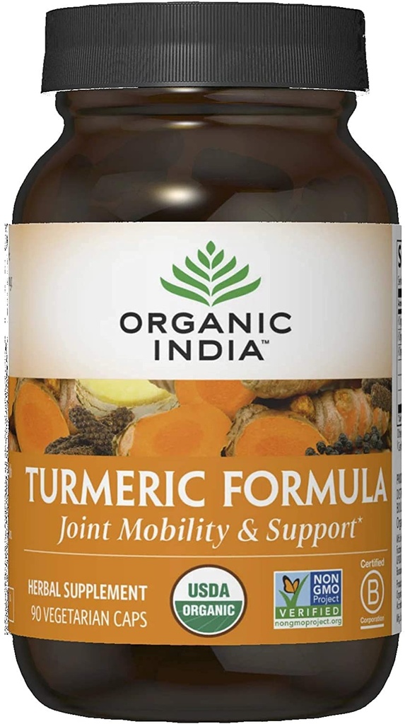 Organic India Kurkumin Bylinný dodatek - Společná mobilita a podpora, Podpora imunitního systému, Zdravá zánětlivá odpověď, Celý kořenový dodatek, Organic Trikatu - 90 Kapsle