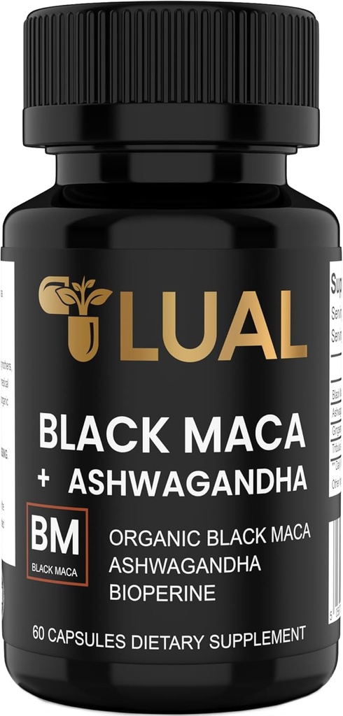 LUAL 30,000mg 30x Pevnost Organic Black Maca Root s Ashwagandha - Nejvyšší potenciál Black Maca Root kapsle pro muže - 100% čisté Maca Peruana Powder Organic, Gelatinized, Non- GMO - 60 pilulky