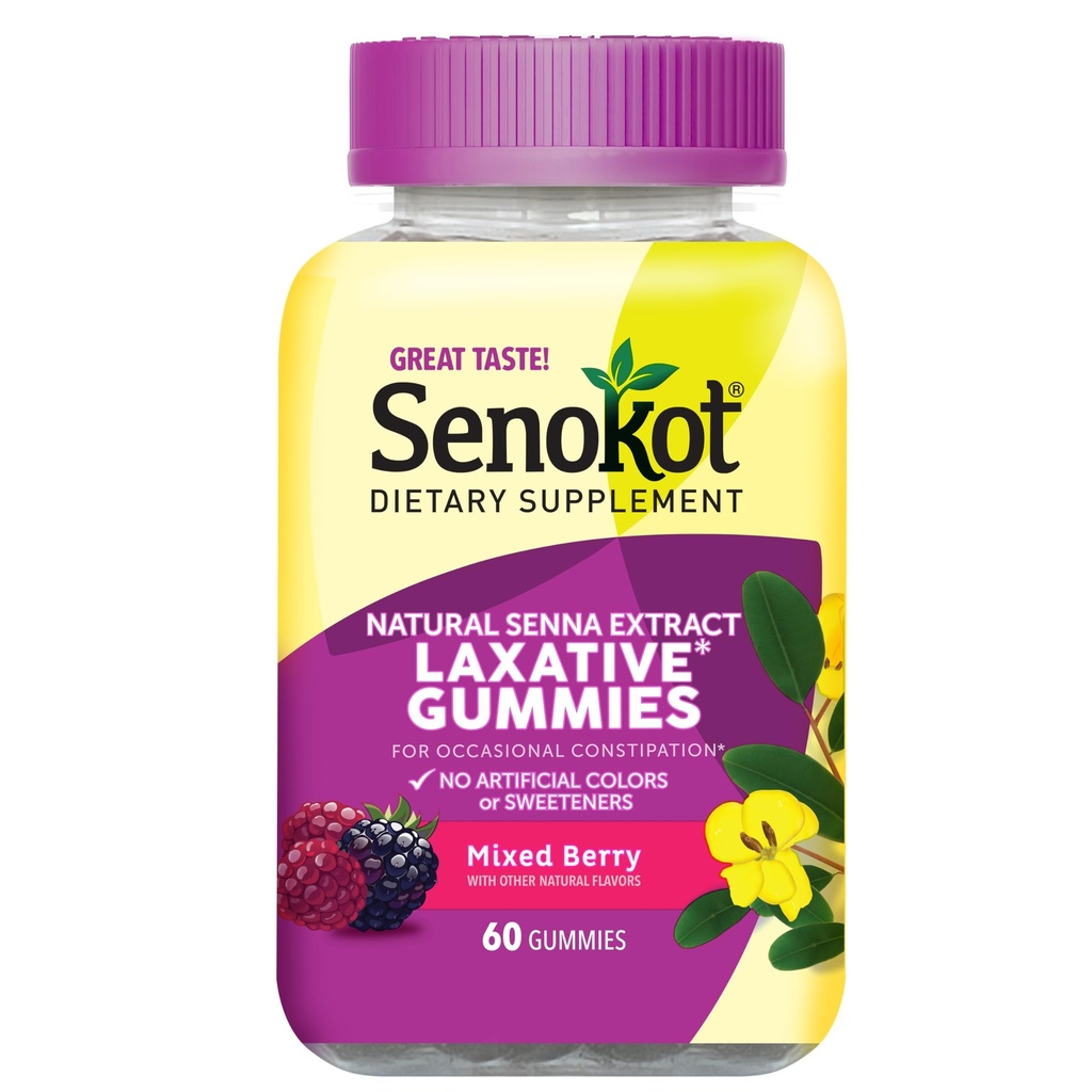 Senokot Dietní dodatek Laxative Gummies, Natural Senna Extract, Gentle, Overnight Relief from Occasional Constolly, Mixed Berry Flavor, 60 Count.