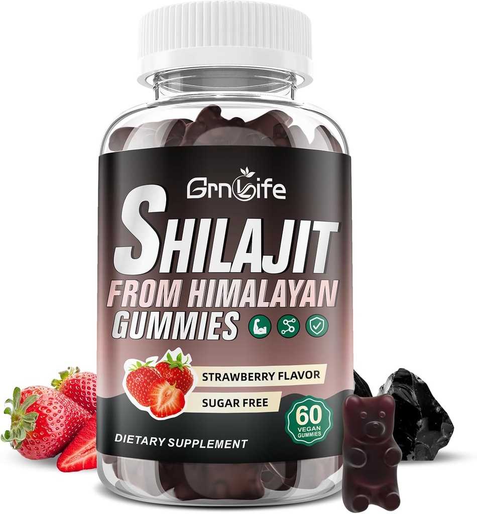 Shilajit Gummies for Men & Women, 1000MG Shilajit Dodatek s 85 + stopové minerály & Fulvic Acid for Energy, Imunity, Sugar- Free, Strawberry-60 Počet