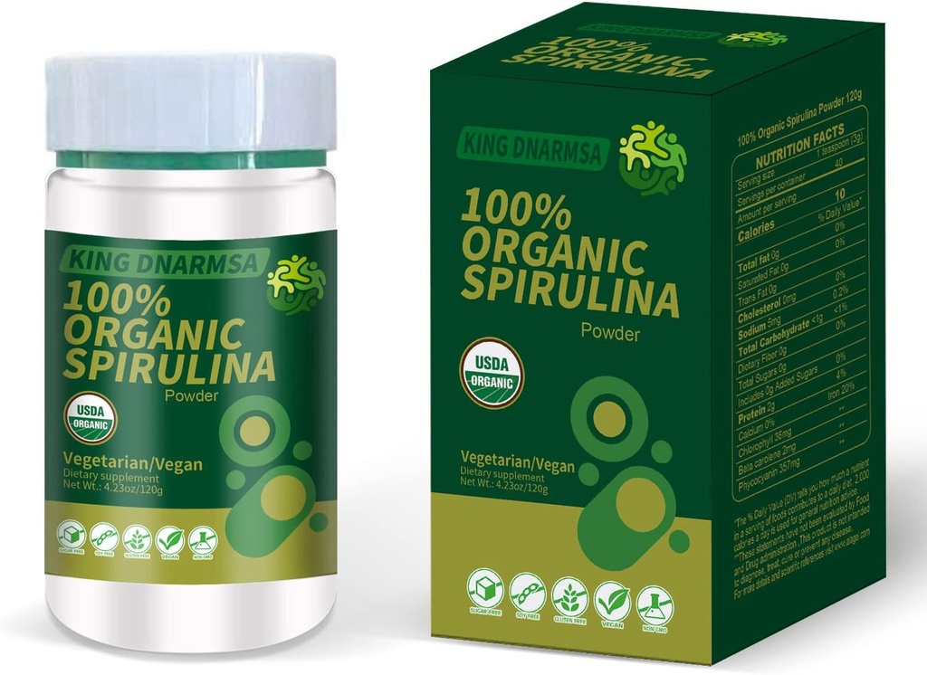Certified 100% Organic Spirulina Powder 4.23oz / 120g Bohatá v Beta- karoten (vitamin A) a B-12 s přirozeně Occcurring GLA, Vega Non- GMO- Superfood Dodatek