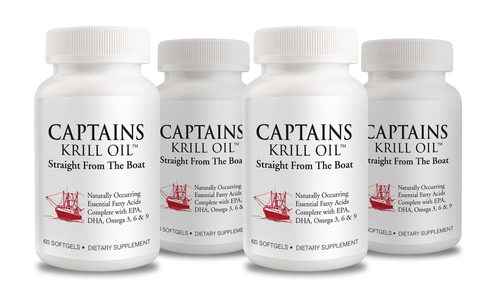 Captains Pure Antarctic Krill Oil Softgels CLAS124; Omega 3 EPA, DHA s Astaxanthin & Fosfolipidy CLAS124; No Additives or Chemicals CLAS124; 1000mg per Serving, 60 Kapsle, 4- Pack