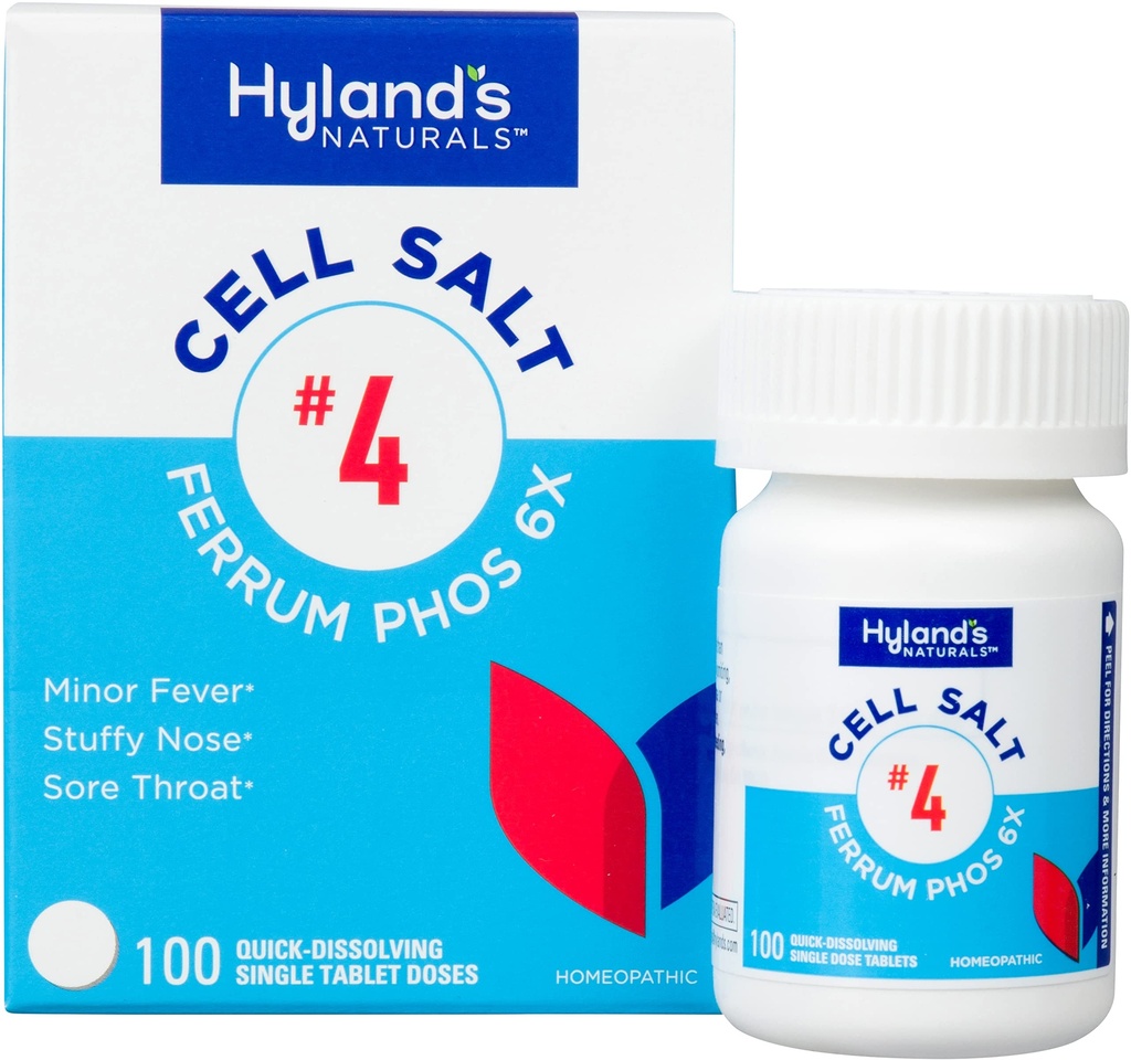 Hyland je č. 4 Cell Salt Ferrum Phos 6X Tablety, Decongestant a Sinus Relief, Zánět dodatek, Přírodní úleva od studených a horečnaté příznaky, Rychlé rozpuštění tablety, 100 Počet