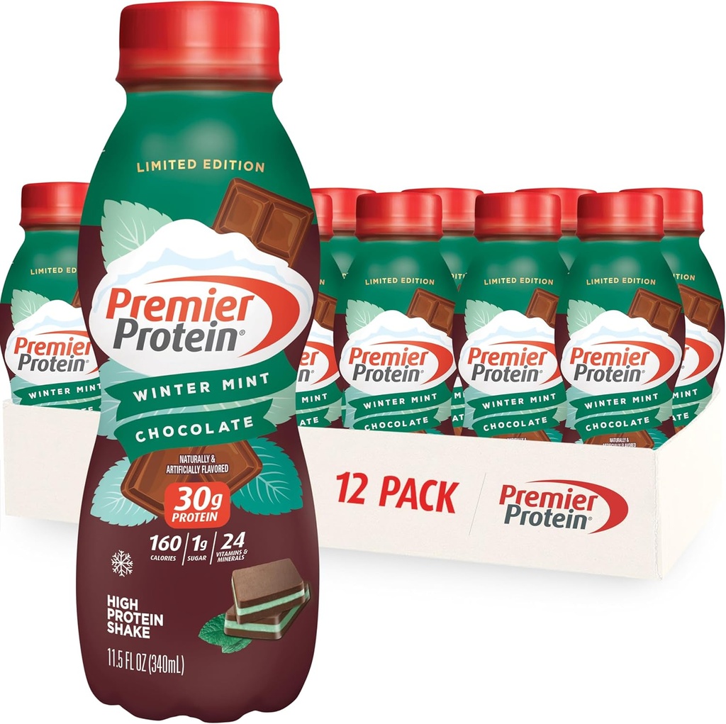 Premier Protein Shake, Limited Edition Winter Mint Chocolate, 30g Protein, 1g Cukr, 24 Vitamíny & Minerály, Nutrients na podporu imunitního zdraví, 11.5 oz, 12 Pack