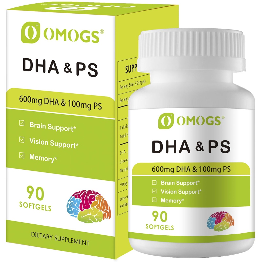 OMOGS Algae DHA - 600 mg Omega33 DHA Softgels, s fosfatidylserin & Walnut Oil, podporuje zdravé funkce mozku, vize, oko & paměť, gluten zdarma, Non- GMO Vegan Algae Oil, 90 Softgels