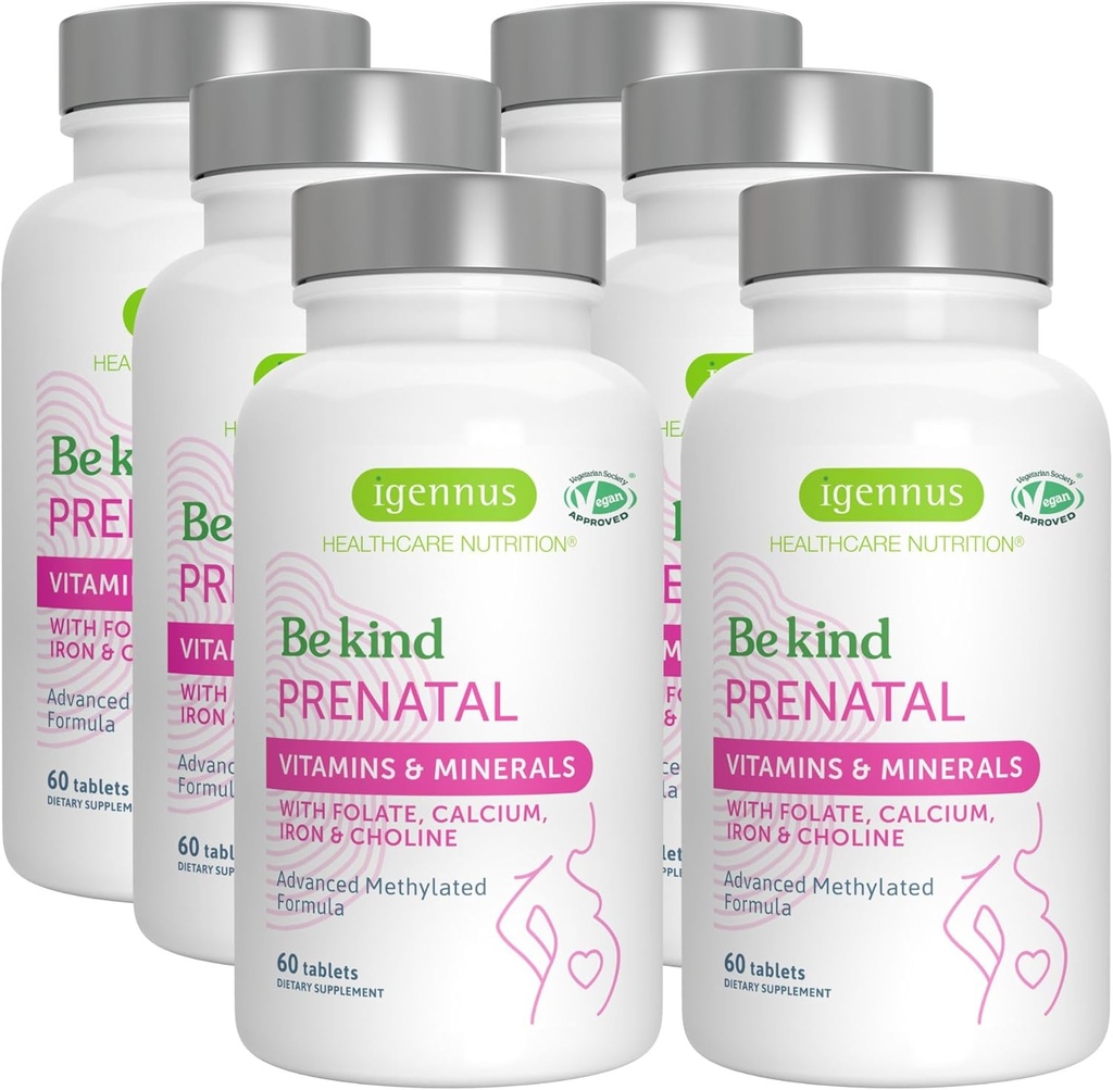 Igennus Methylovaný prenatální multivitamin pro ženy, folát pro MTHFR, vysoká absorpce, čistý a čistý, jemný železo, cholin, vápník a hořčík, veganské těhotenské vitamíny, halal, non- GMO, 60 tablet x 6
