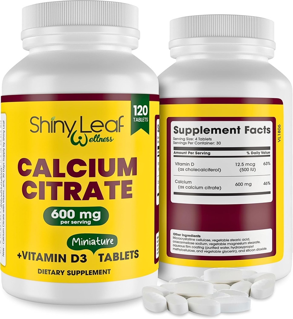 Shiny Leaf vápník Minis 600 mg - Denní tablety vápníku Citrát 600mg Plus Vitamin D3 pro bariatrické post- Op a gastrický bypass pro ženy a muže, snadno polykat, Made in USA, Vegetarian - 120 Ct.