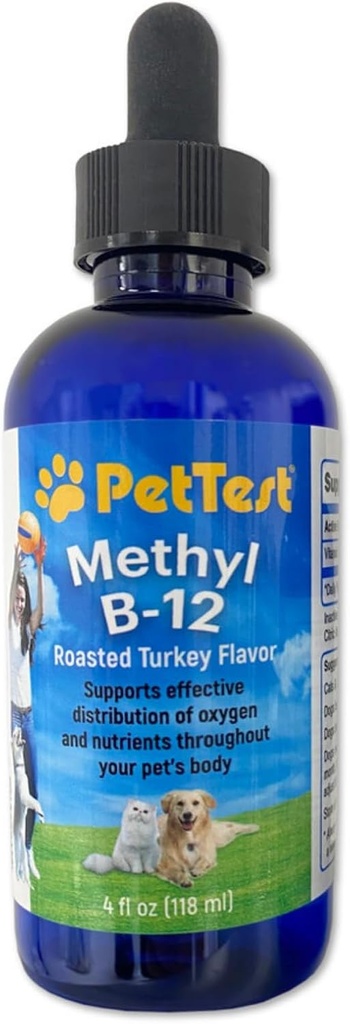 PetTest Methyl B12 Vitamin Liquid Drops 4fl oz (5000 MCG) Dodatek s methylkobalaminem pro diabetická zvířata, Maximální absorpce pro zvýšení energie pro psy a kočky