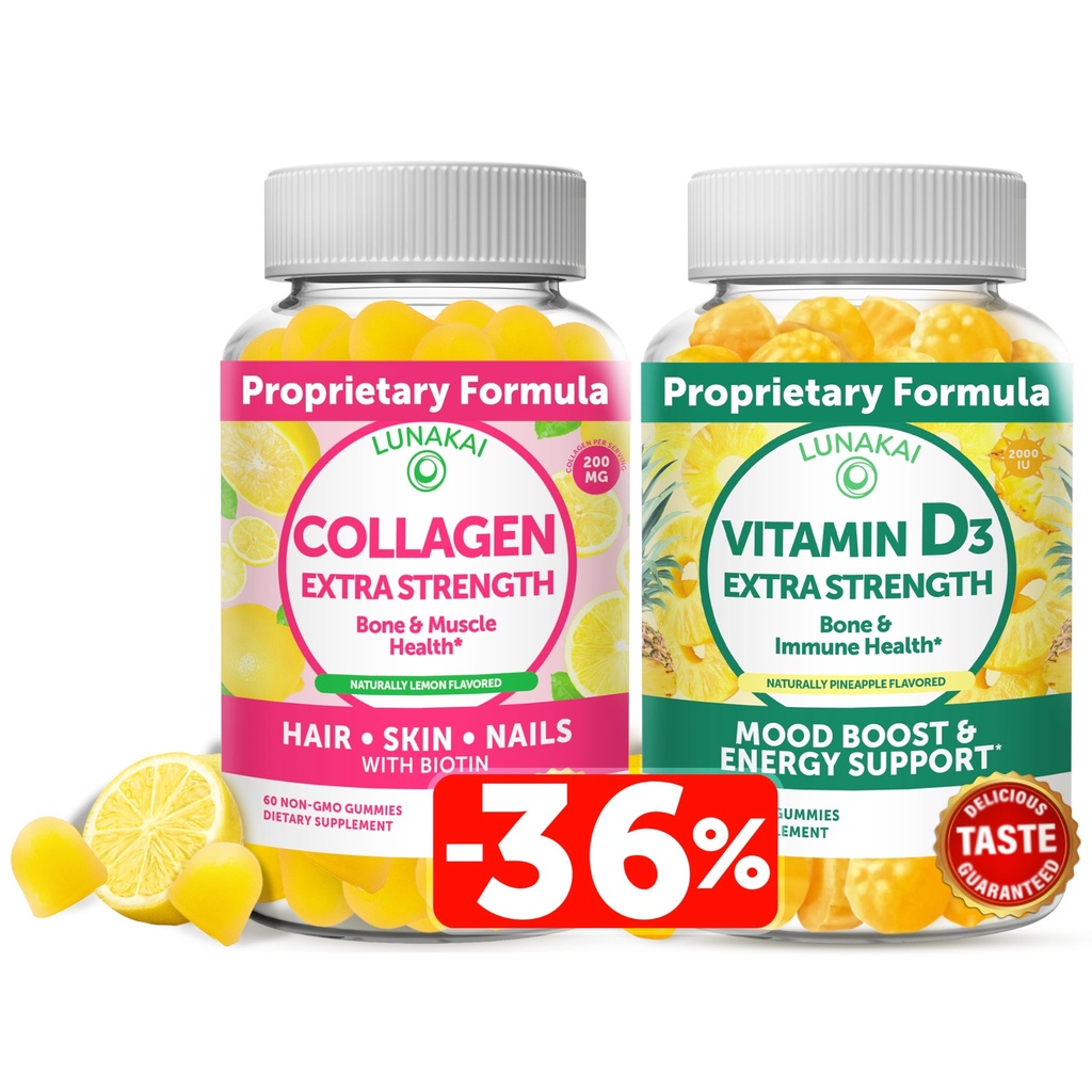 Lunakai Collagen a vitamin D3 Gummies Bundle - Non- GMO proti stárnutí doplňky pro muže a ženy - Imunita, Kost a Mood Support Gummy pro dospělé - 30 dní dodávky