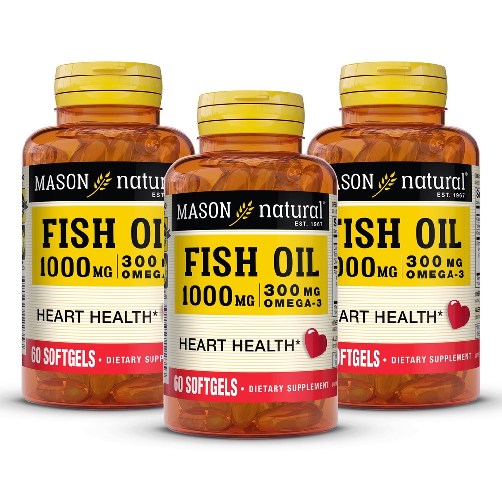 MASON NATURAL Omega, 3 rybí olej, 180, Day Supply, 1000mg s EPA a DHA pro společnou podporu, 60 Softgel pilulky (3 balení)