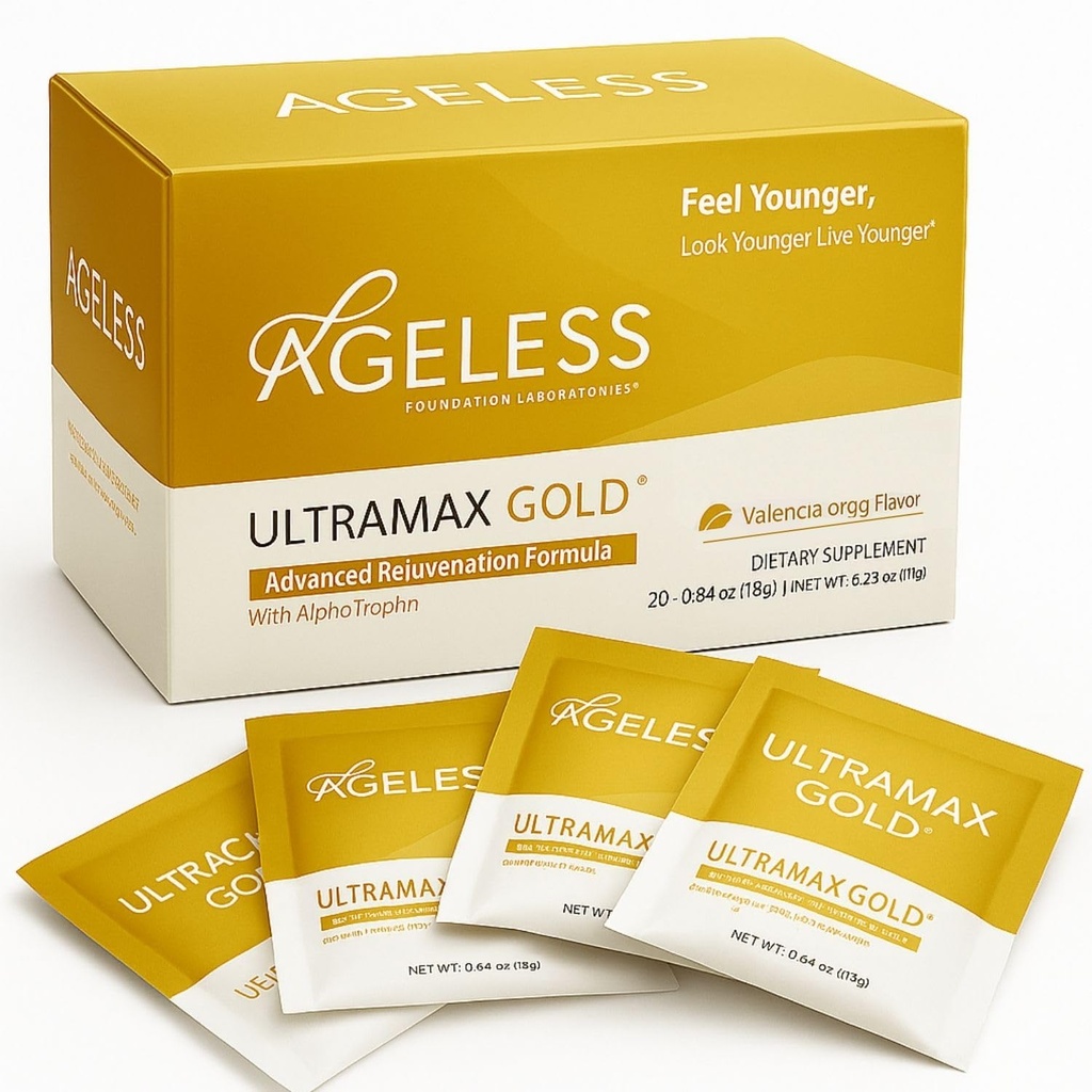 Nestárnoucí UltraMAX Gold - HGH Anti- Aging dodatek pro ženy a muže - Omlazení kůže, Obnovuje mladistvý vzhled, zvyšuje energii a spánek, Effervescent Powder - Valencia Orange Flavor - 22 Packets