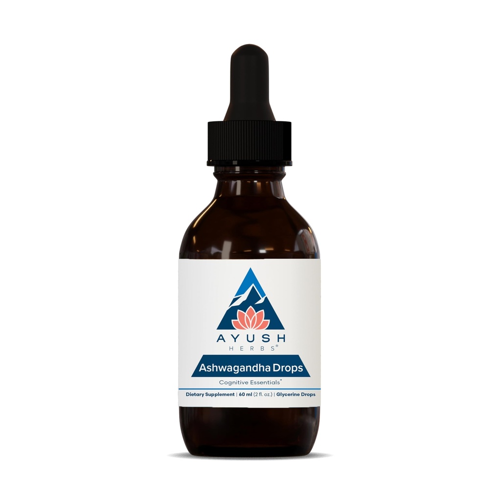 Ayush Herbs Ashwagandha Drops - Ashwagandha Alcohol- Free Drops pro dospělé, Calming Denní dodatek pro soustředění a pozornost s Organic Ashwagandha, Lemon Flavor - 2 Fl Oz (80 Služení)