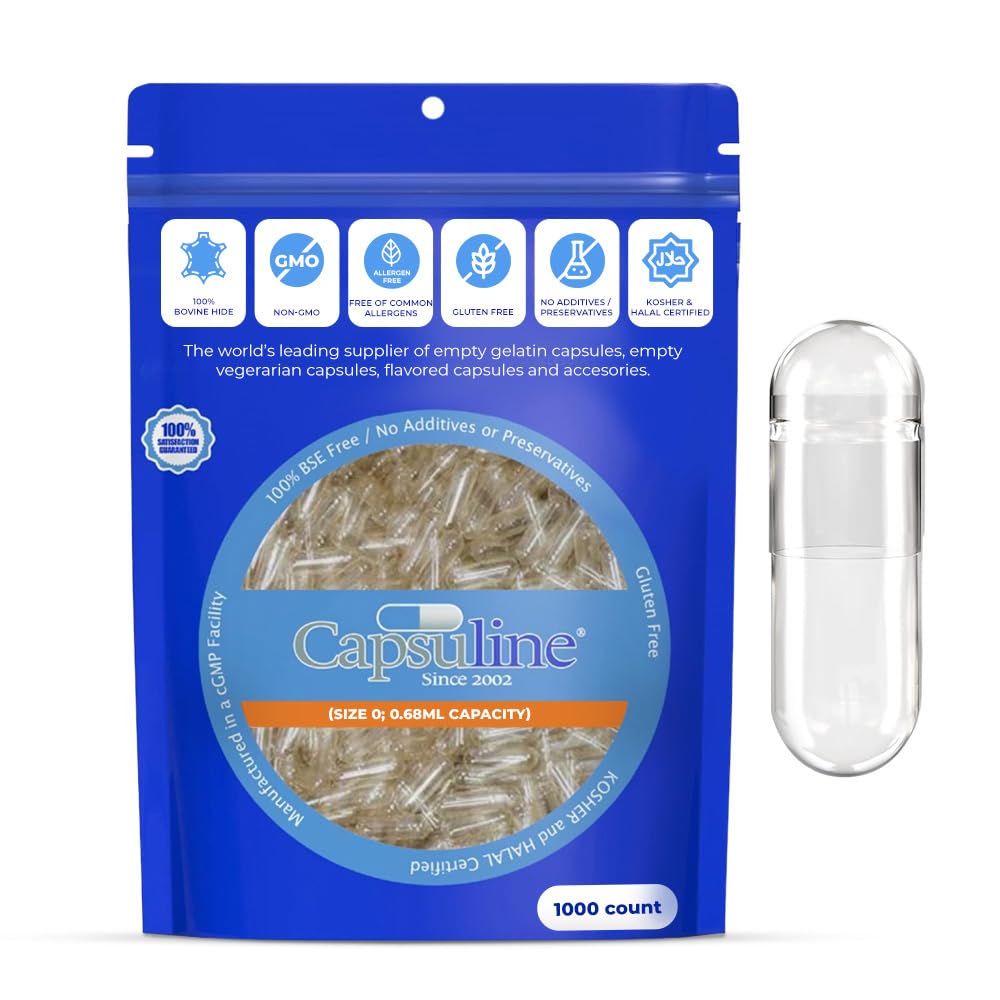 Capsuline Velikost 0 Prázdné želatiny Kapsle, Clear - 1000 Hrabě 124; Gluten Free, Kosher, Non- GMO Certified Capsule 124; Čisté Bovine Pill Caps pro DIY doplněk plnění
