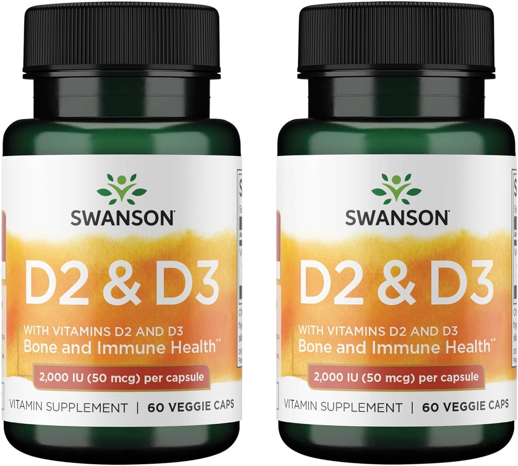 Swanson vitamin D komplex s vitamíny D2 & D3 - Kompletní opalovací vitaminový komplex pro kosti, zubní a imunitní zdraví - doplněk vitaminu (50 mcg, 60 Veggie Kapsle) (2 Pack)