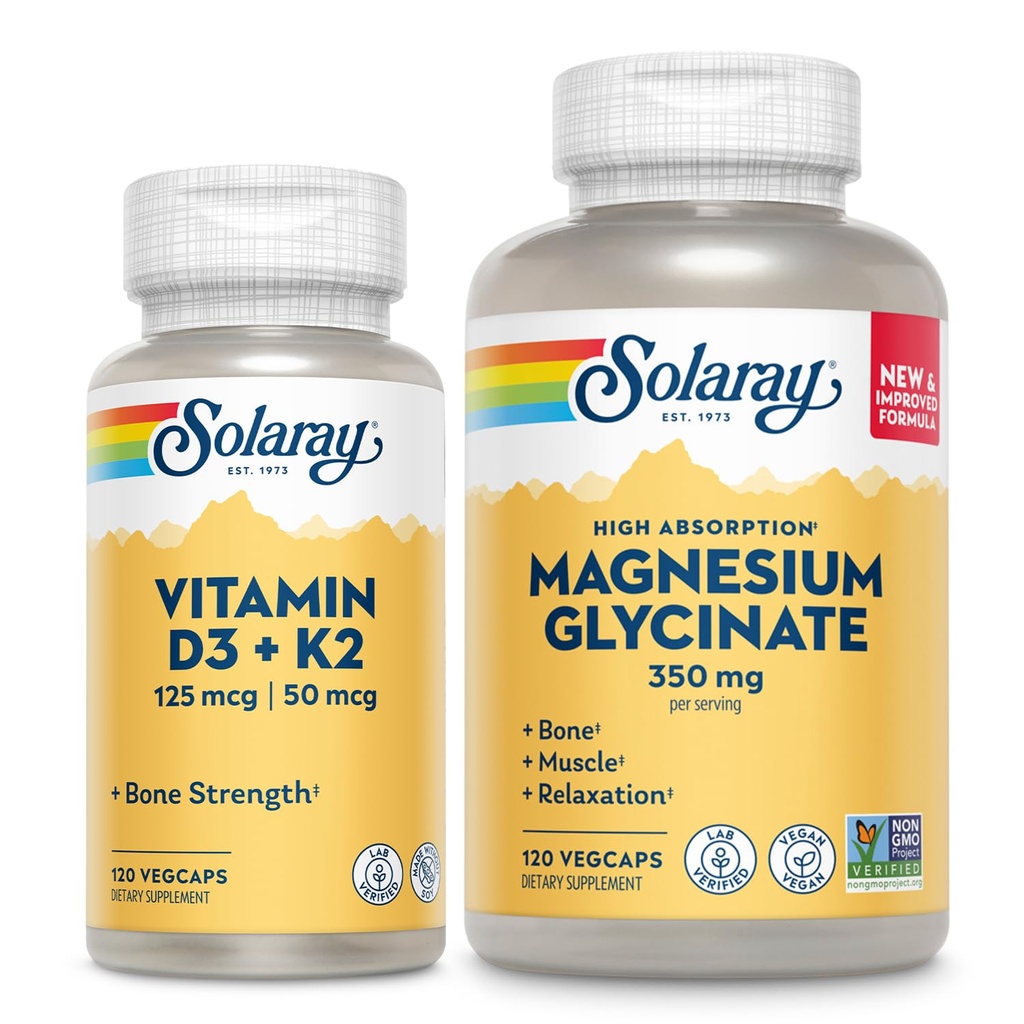 SOLARAY Vitamin D3 K2 a Glycinát hořečnatý - Kostní Zdravotní pouzdro - Absorpce vápníku, nerv, srdeční a imunitní podpora w / 5000 IU vitaminu D, 350mg chelatovaný hořčík, 60denní záruka, 120ct / 120ct