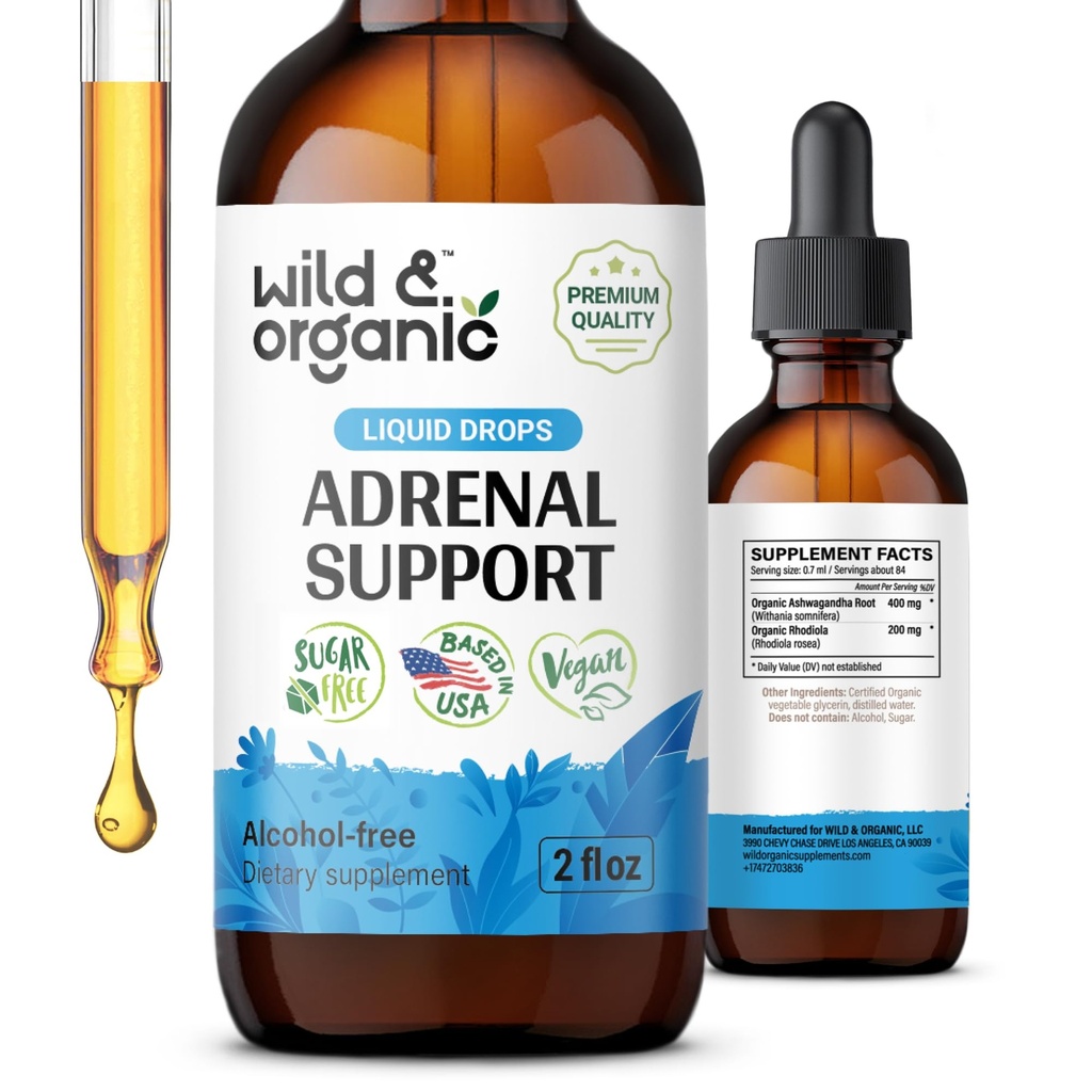 Wild & Organic Adrenal Support Tincture for positive Outlook - Adrenal Complex with Ashwagandha, Rhodiola Rosea Root - 1- Month Supply - Vegan, No Sugar & Alkohol - 2 fl oz