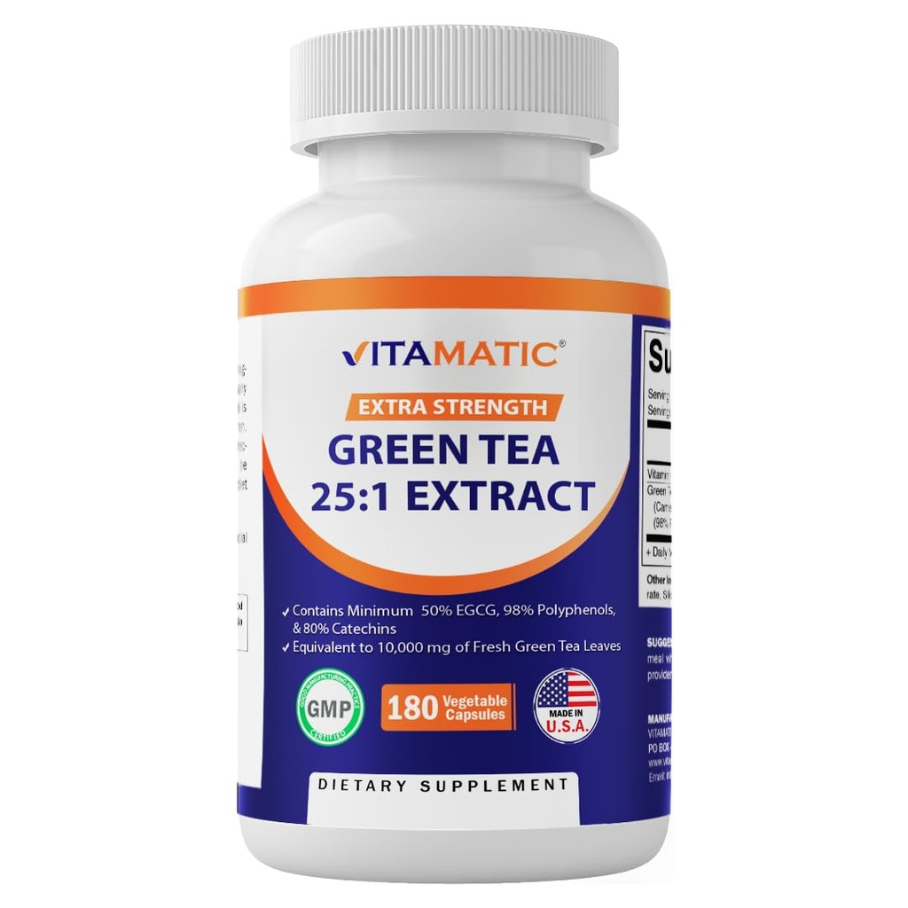 Vitamatický zelený čaj Extrakt s vitaminem C, 25X koncentrát, 98% polyfenoly, 80% Katechiny, 50% EGCG, 180 Veg Kapsle