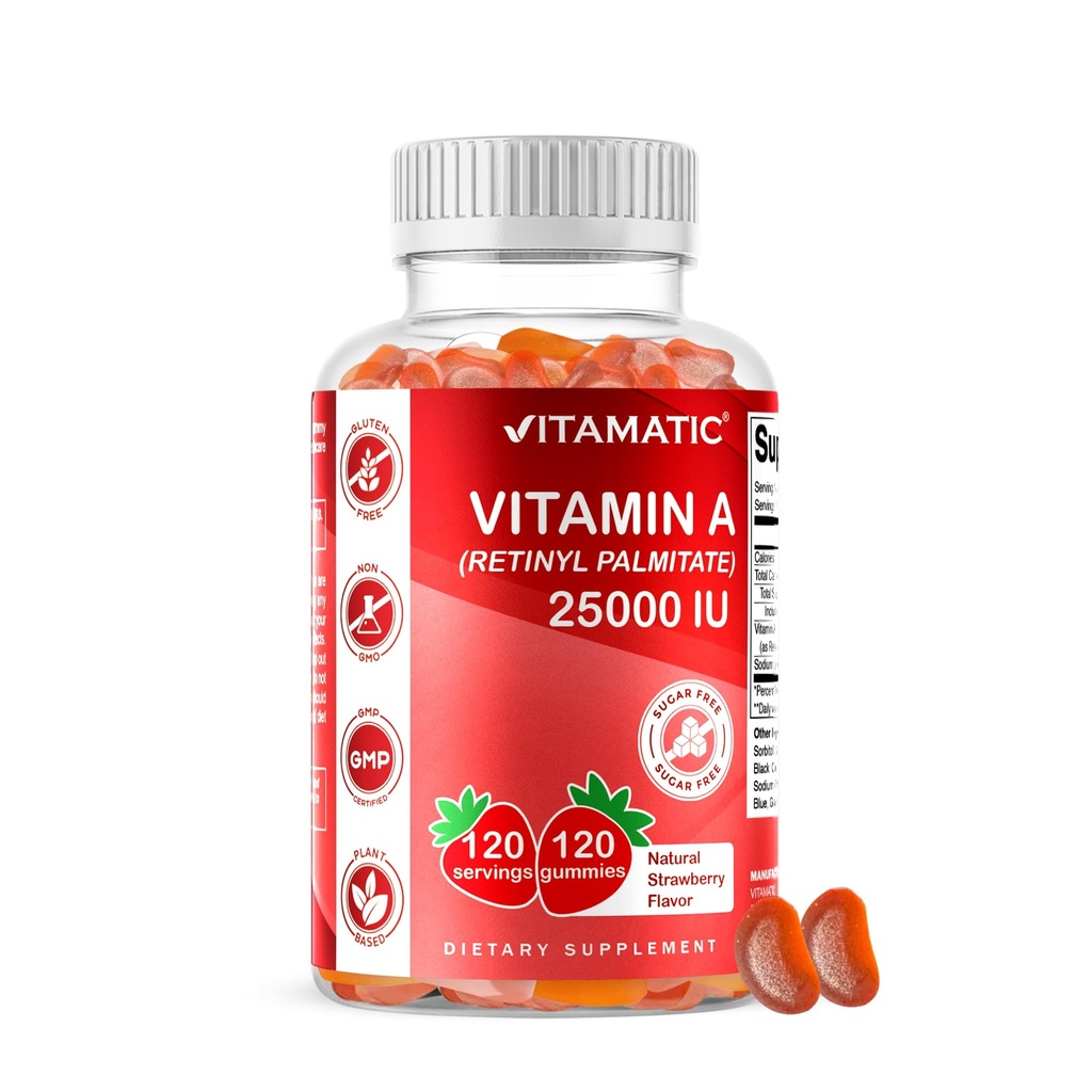 Vitamatický cukr bez vitaminu A 25000 IU gumičky (Retinyl Palmitát) - přírodní jahodová lahůdka - 120 Pektin na bázi gumiček (1 lahvička)
