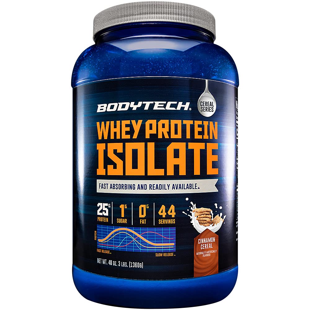 BODYTECH Syrovátkový izolát proteinu prášek - s 25 gramy bílkovin per Serving & BCAA je - Ideální pro post- workout budování svalů & růst, Obsahuje mléko & Soy - Skořice cereálie (3 libry)