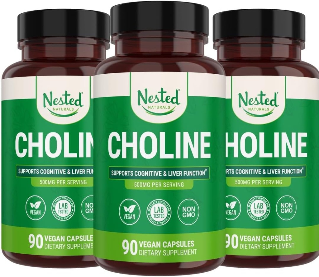 Nested Naturals Choline Bitartate 500mg 500mg 6004; High Potency Choline doplňky 124; Podporuje kognitivní výkon & funkce jater 124; 100% Vegan & Non- GMO 124; (3-Pack)