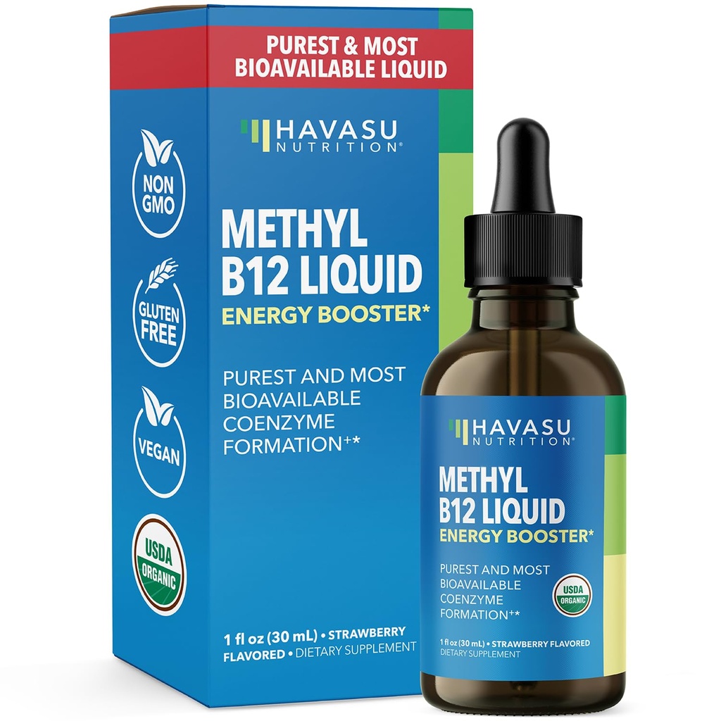 USDA Organic Vitamin B12 Liquid Drops - Methylkobalamin pro zvýšení energie a podporu nervového systému - 30 Služeb - Vysoce biologicky dostupný pro absorpci - Non- GMO, Vegan, Jahodové aroma, 1 Fl Oz