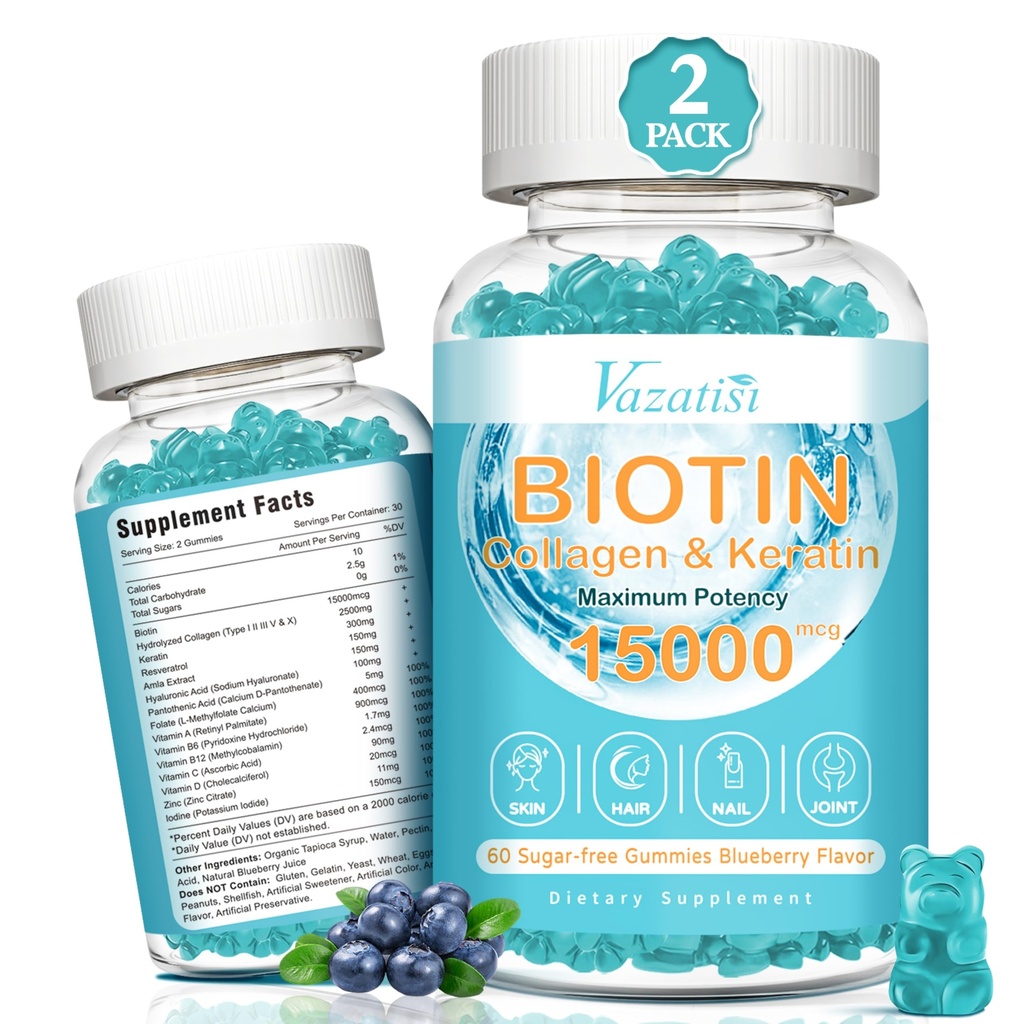 Biotin a kolagen gumové s B12, Vlasové kůže a hřebíky Vitamíny pro růst vlasů, Žhavé kůže a silné nehty - Blueberry Flavor, Cukr zdarma, 120 Ct