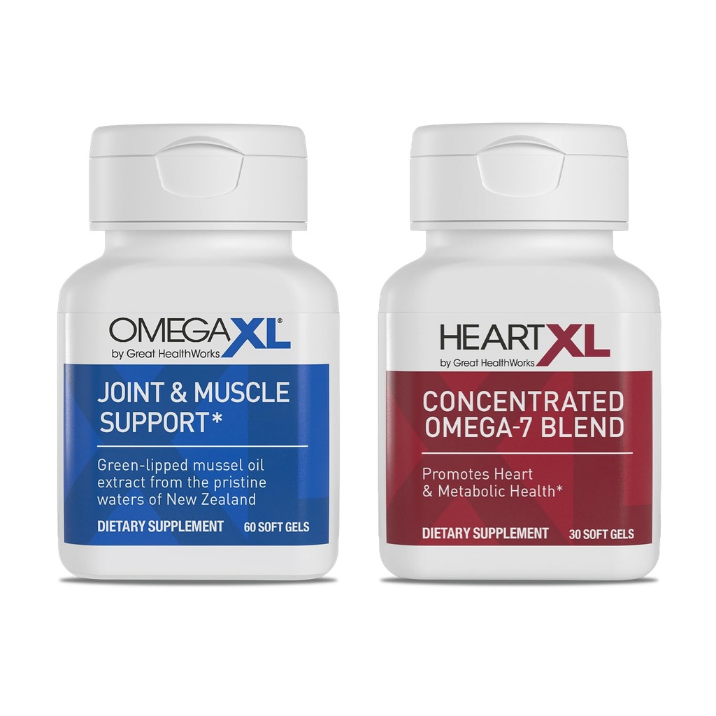 OmegaXL Joint Support Supplementary - Natural Muscle Support, Green Lipped Mussel Oil, Soft Gel Pills, Drug- Free, 60 Count + HeartXL 30 Count, High Potency Omega-7 Blend