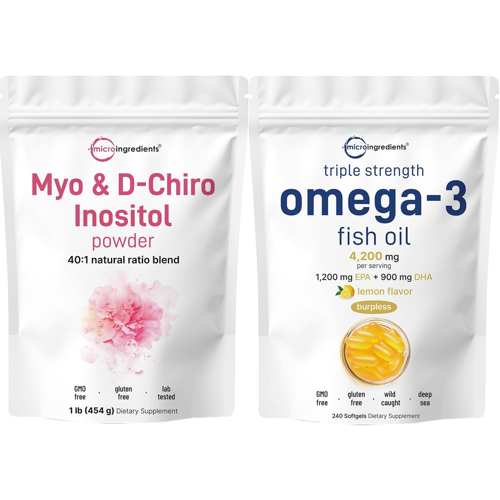 Micro Ingredients Omega33 Fish Oil 4 200 mg Softgels & Myo & D- Chiro Inositol Powder Bundle 2 Balení 124; Wild- Caught Fish, Lemon ochucený, Bezedná 124; Inositol dodatek pro ženy
