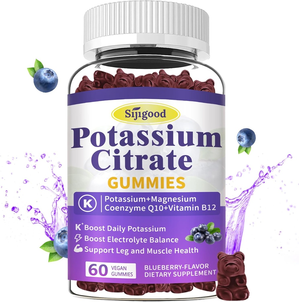 Citrátové žvýkačky kalium - doplněk draslíku pro svalové zdraví, Leg Cramp Relief & Electrolyte Balance, Vegan, Non- GMO, gluten- Free, Blueberry Flavor, 60 Počet