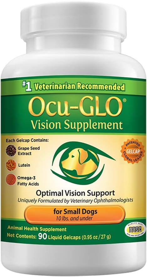 Ocu-GLO Vision Supplementary for Small Dogs - Lutein, Omega33 Fatty Acids, Grapeseed Extract - Podpora optimálního zdraví očí a vidění u psů - Antioxidanty pro psí oční zdraví - 90ct SNIP CAPS