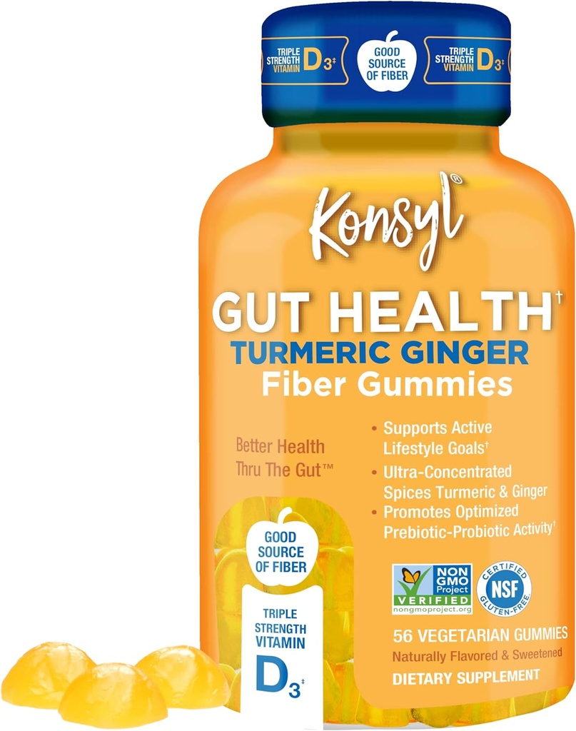 Konsyl Gut Health Turmeric Ginger Fiber Gummies - Pomáhá podporovat trávicí zdraví + - Vegetarian Fiber Supplement Gummies pro Adults - 56 Počet