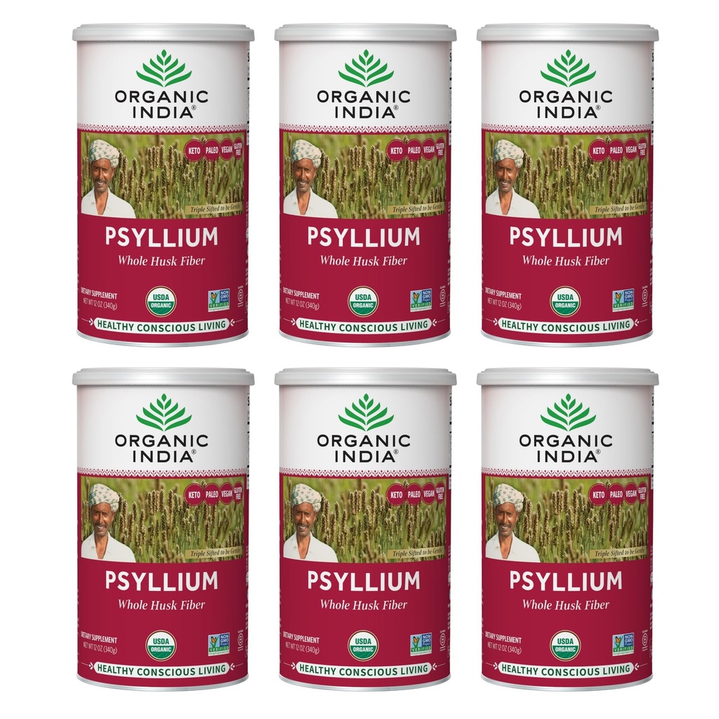 ORGANICKÁ INDIA Celý medilium husk Powder Organic - Psylium Husk Fiber Supplement, Digestion Support, Vegan, gluten- Free, Non- GMO, Soluble & Nerozpustný zdroj vlákna - 12 oz Canister, 6 Pack