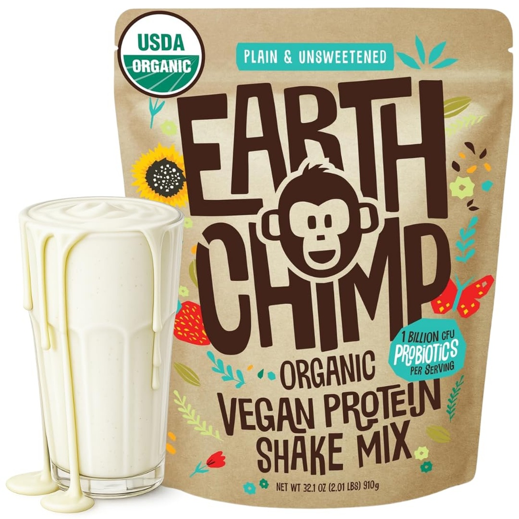 PowChimp Organic Vegan Protein Powder - s probiotiky - non GMO, mléčné výrobky zdarma, nesyrovátka, rostlinné bílkoviny prášek pro ženy a muže, gluten zdarma - 26 Služeb 32 Oz (Plain & Neslazené)