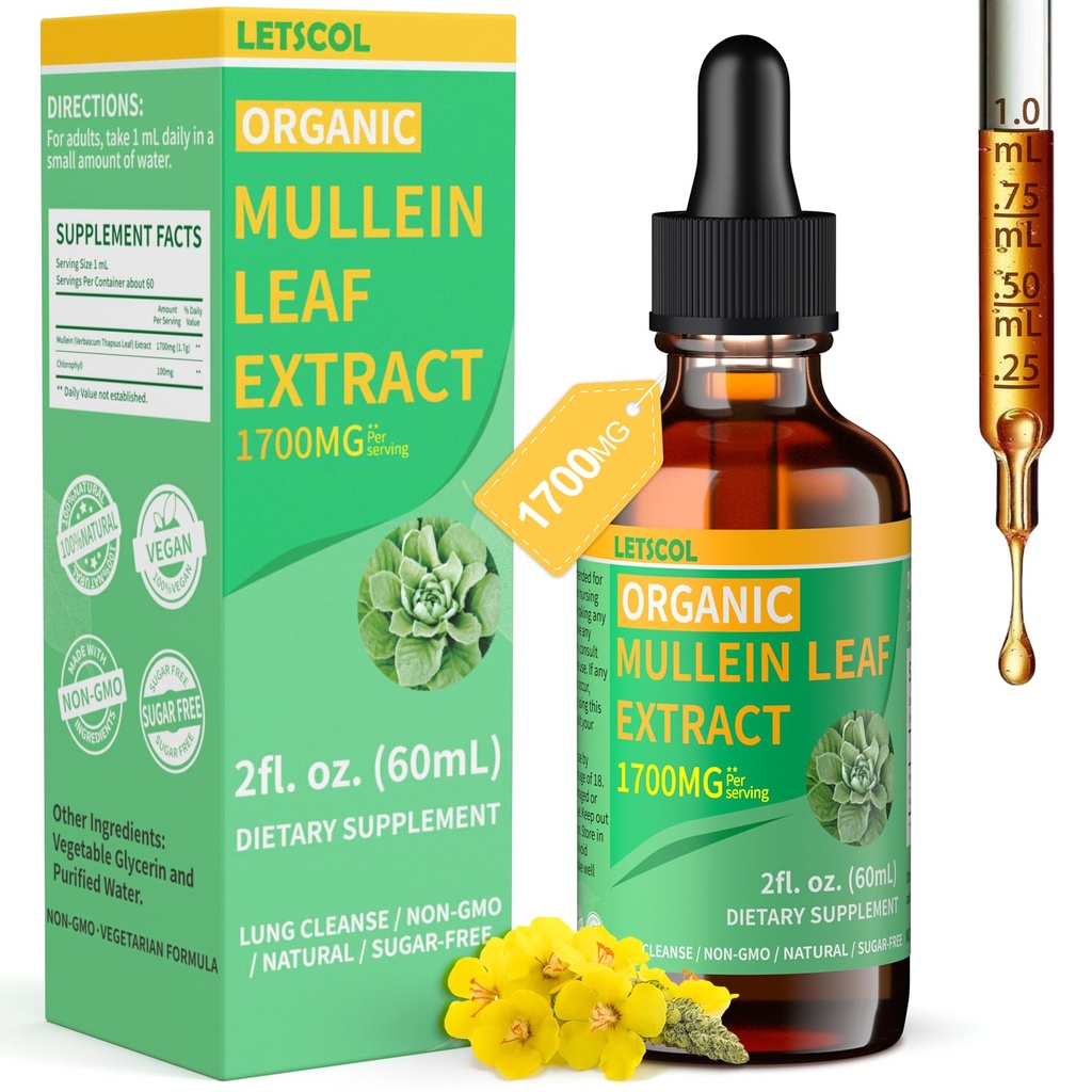 Organic Mullein Drops for Lung Cleanse, Powerful 1700mg Mullein Leaf Extract for Immunication & Respirative Supplementary, Natural Mullein Doplněk Tincture Drops Non- GMO & Vegan, 2 Fl Oz