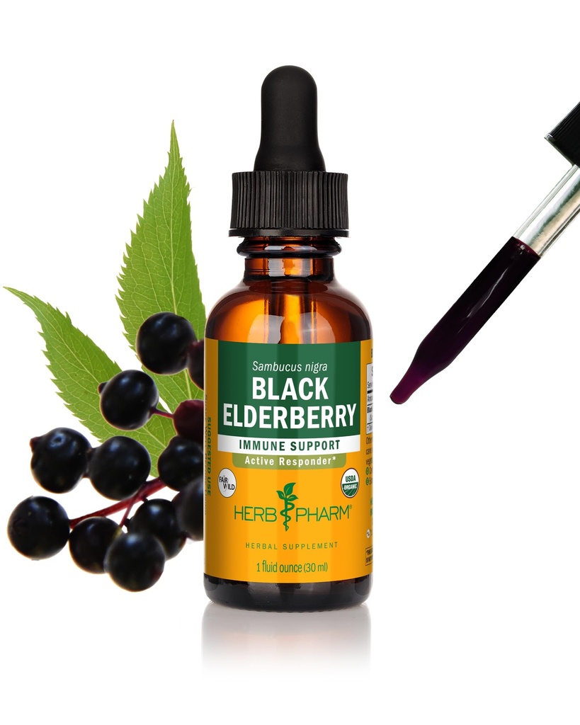 Herb Pharm Certified Organic Black Elderberry Liquid Extract pro podporu imunitního systému, Organic Cane Alkohol, 1 Oz