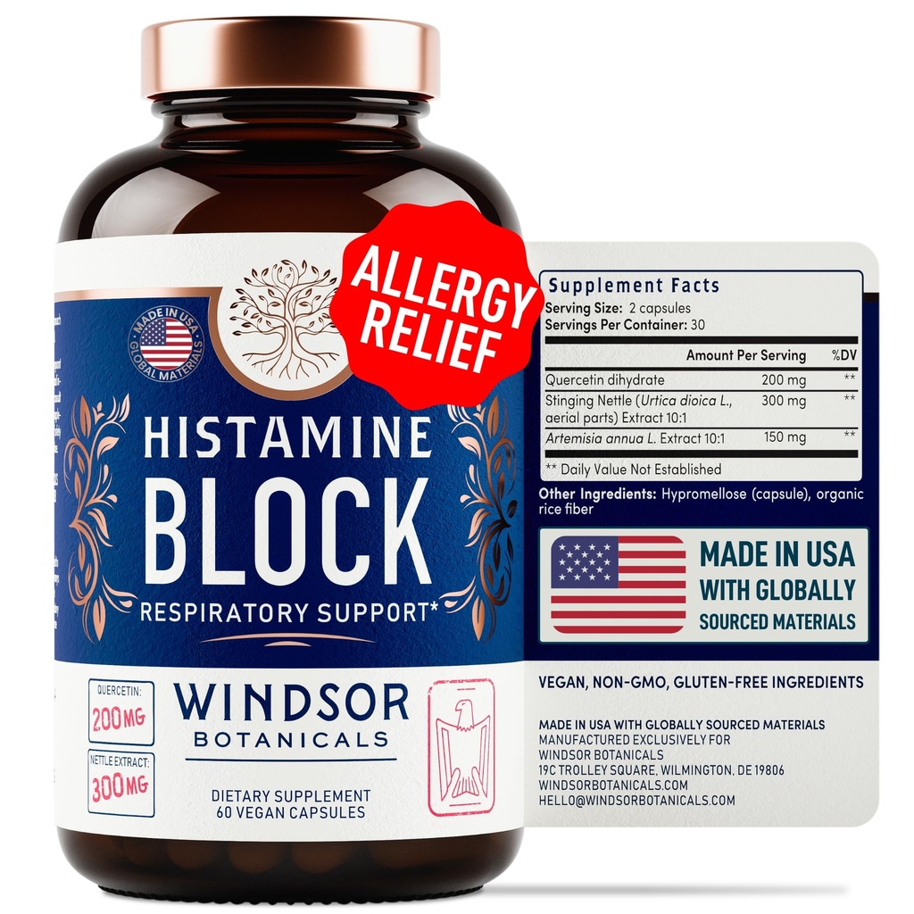 Histaminové blokátory pro alergie - Quercetin, štípající kopřivka Flavonoidy Přírodní antihistaminika tablety - Alergie Relief doplňky a antihistaminika pro dospělé - 60 Vegan Histamine Block Kapsle