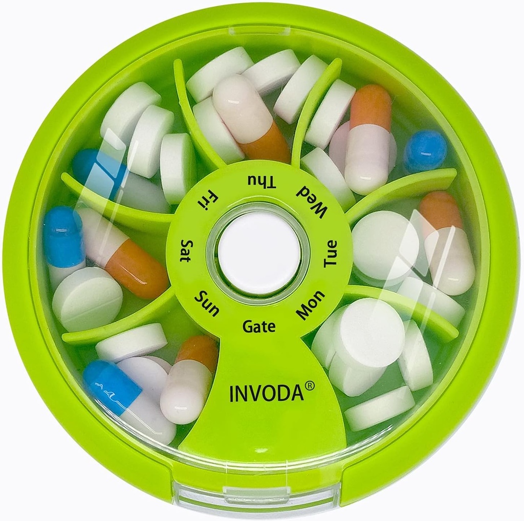 INVODA Weekly Pill Organizátor 7 Kompartment Rotating Pill Box for Daily Medication & Vitamíny - Přenosné cestovní Pill Pouzdro Rybí olejové doplňky Vitamíny Organizátor (Orange)