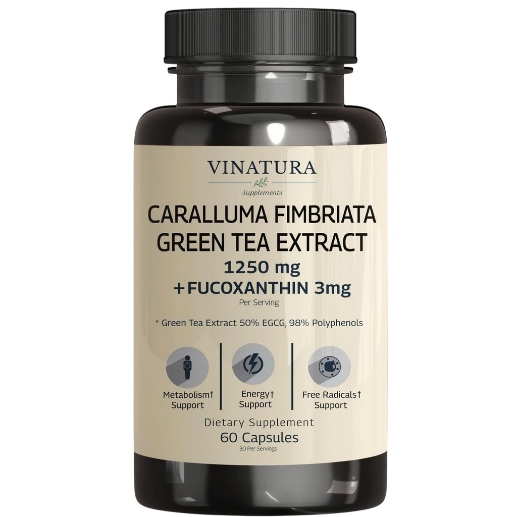 VINATURA Caralluma Fimbriata, EGCG 45% Extract 1250mg + Fukoxanthin 3mg per Serving * USA Made & Tested * for Imunitary Support, Energy and Mental Focus - 60 Kapsle 30 Servings