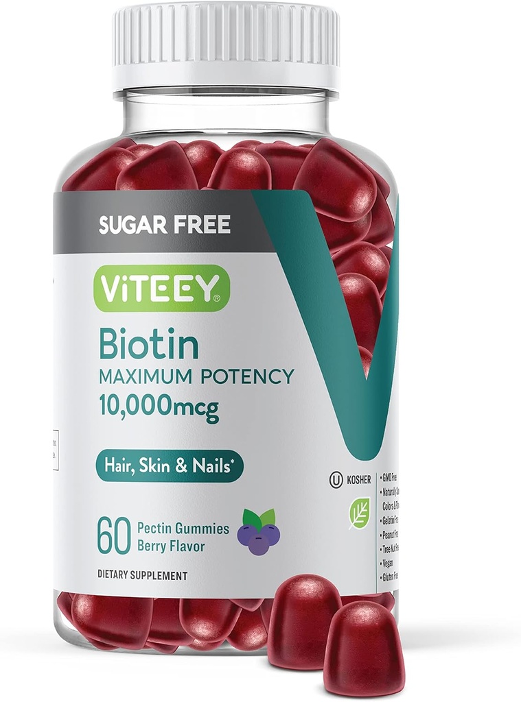 Viteey Biotin Gummies pro vlasy, kůži, a hřebíky 10,000mcg - Bezcukerné - Vlasové růstové gumy, Zdravá kůže Glow, Silný zdravý nehtový růst - Vegan, Gluten zdarma, Želatina Free- Chutné Berry Flavor