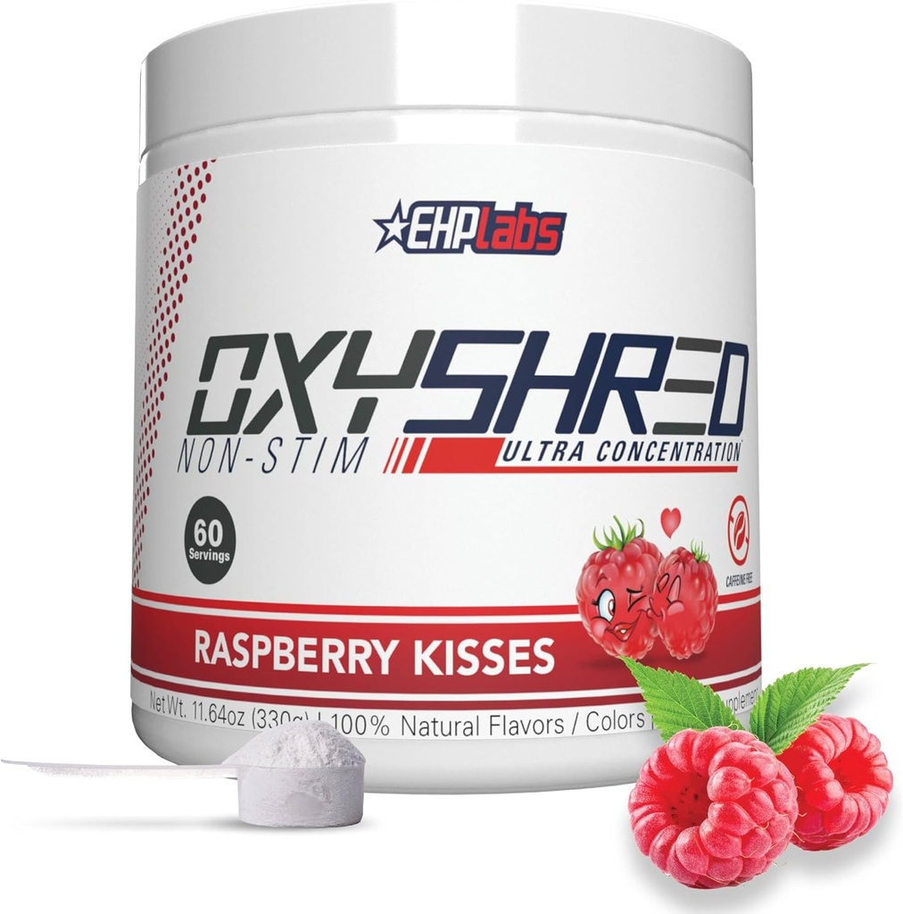 EHP Labs OxyShred Non Stimulant Pre Workout Powder - Stim Free, Kofein Free Preworking pro muže a ženy - Non Stim Preworking - Sugar Free Energy Powder - Malina, 60 Služeb
